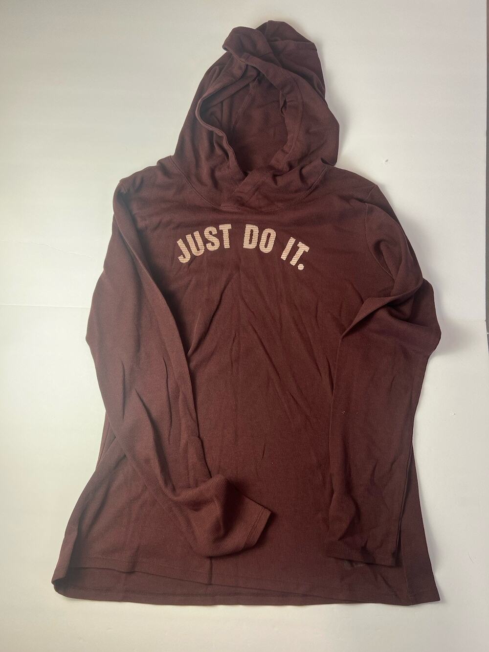 ⁠Nike Dri FIT Womens Large Brown Waffle Knit Hoodie Just Do It Top Long Sleeve L